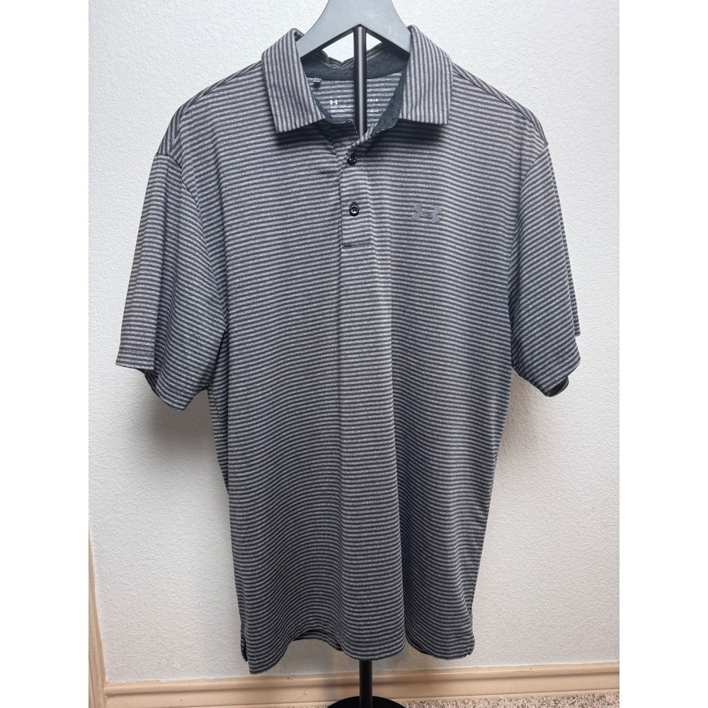 Under Armour Mens HeatGear Striped Polo Shirt Grey Black Loose Fit Large LG